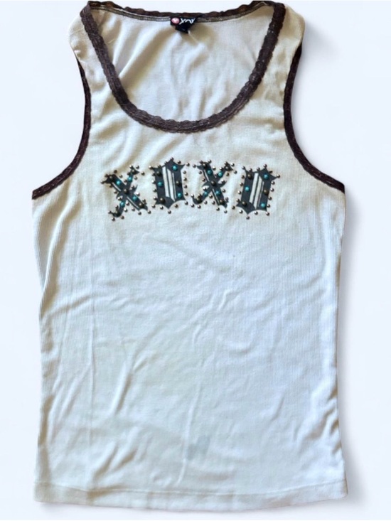 XOXO Tops - Y2K XOXO Grunge White Ribbed Tank with Studded Design & Lace Trim